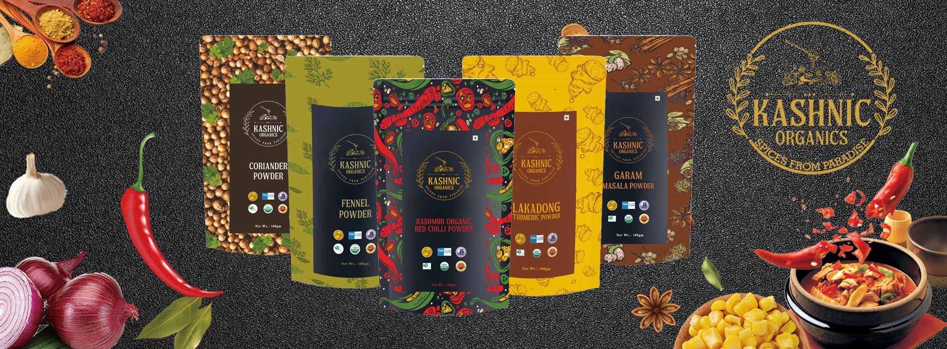 Kashnic Organics spice range, ingredients and signature packaging
